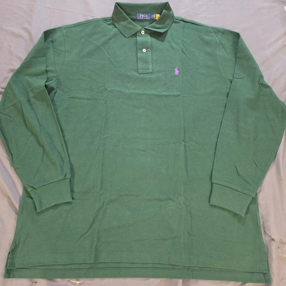 Polo Ralph Lauren Mens XLT Long Sleeve Polo Shirt Green Purple Pony Logo Pique